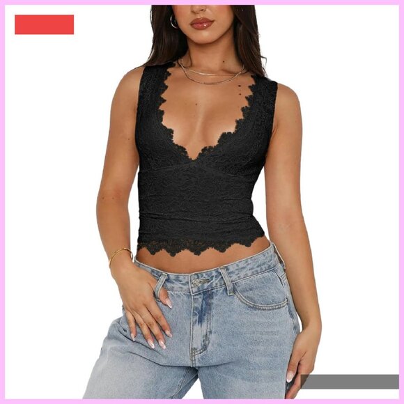 Sexy V-Neck Sleeveless Lace Cropped Tank Top Y2K Trendy - Picture 1 of 4